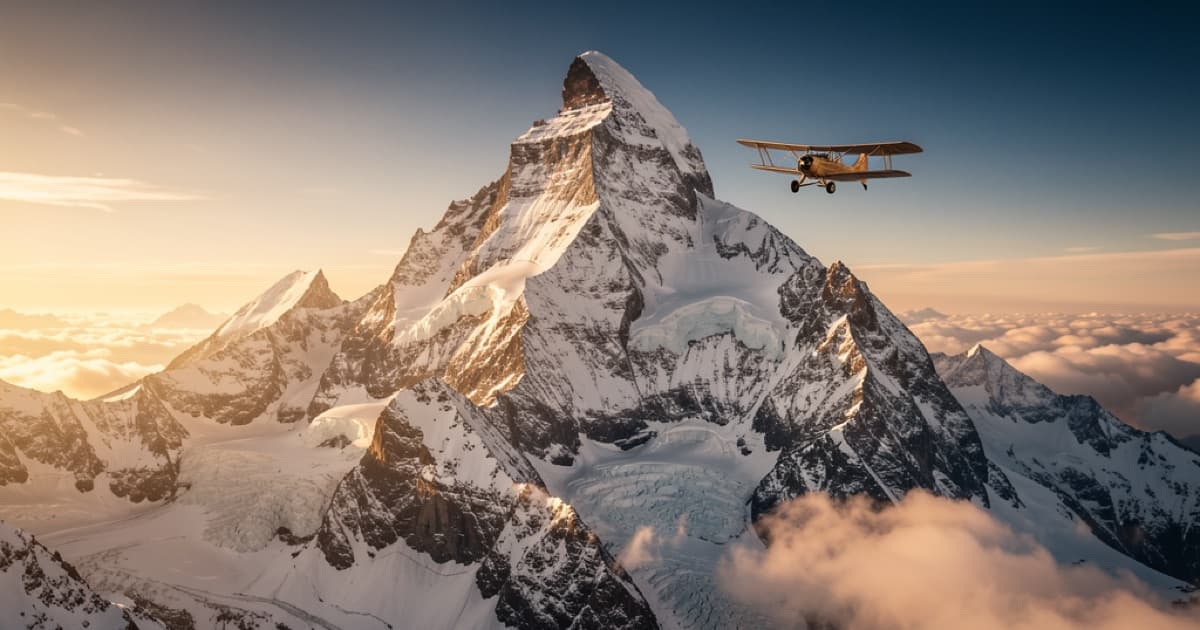 Vintage plane flying beside a snow-covered mountain