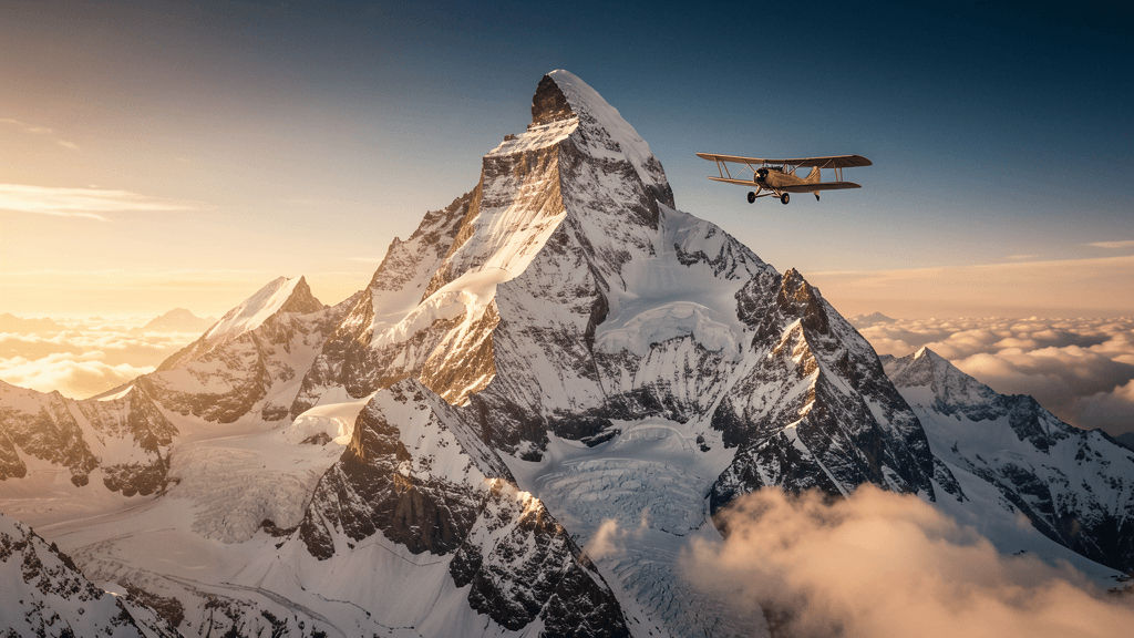 Vintage plane flying beside a snow-covered mountain